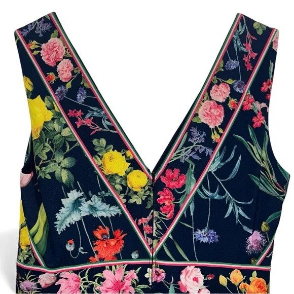 TADASHI SHOJI Olga Navy Floral Midi Dress V-Neck Sleeveless Size 6 flower EUC